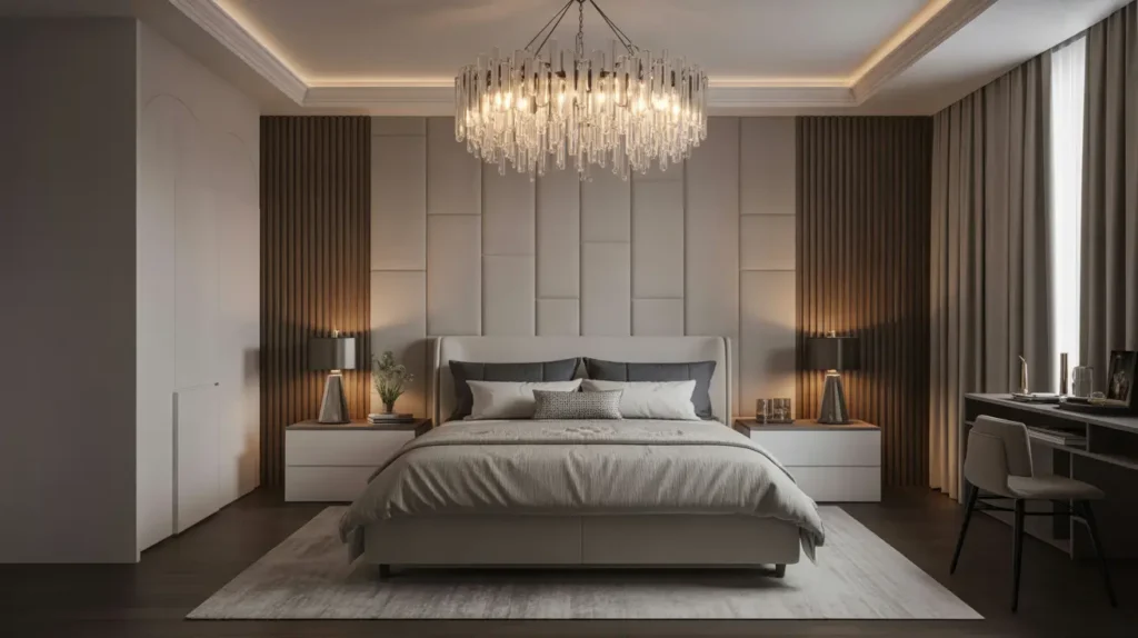 Elegant bedroom featuring a statement chandelier with soft lighting illuminating sleek furniture.