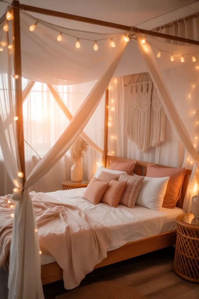 A dreamy boho bedroom at golden hour with soft sunlight filtering through sheer white curtains. A wooden four-poster bed is draped with delicate white fabric and entwined with warm white fairy lights. Soft peach and terracotta pillows, rattan side tables, and hanging macrame wall art. Cozy, magical atmosphere with a wide-angle shot showing the soft, glowing light strings.