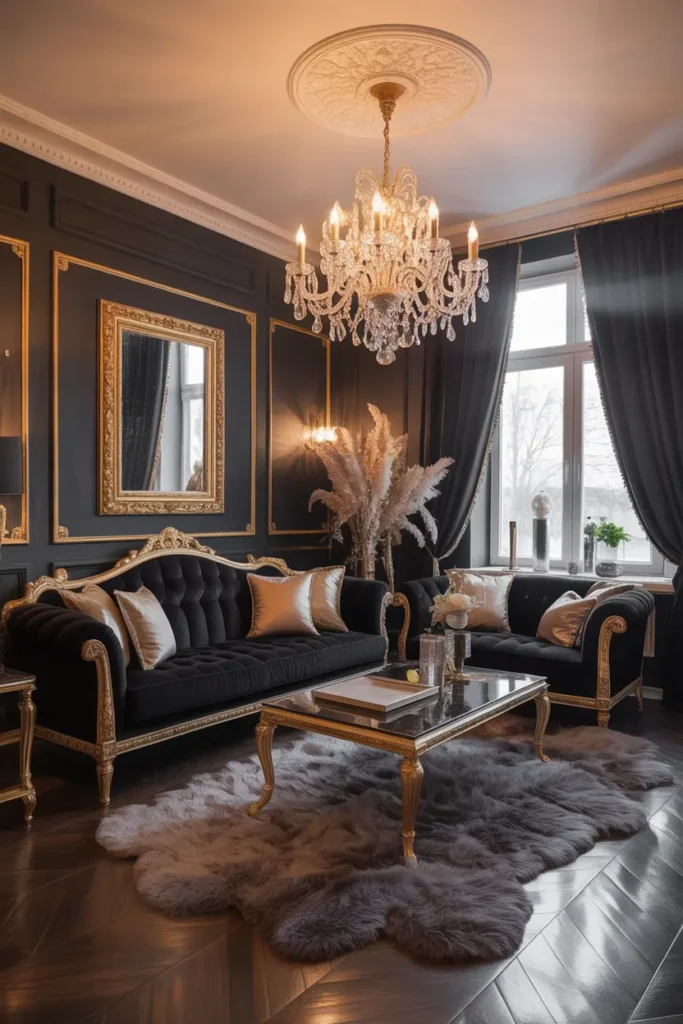 Glamorous living room with a black velvet couch and gold accents.