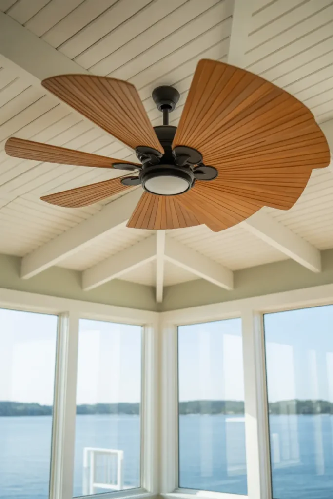 Stylish wooden ceiling fan in a bright lake house bedroom for a breezy and cool atmosphere.