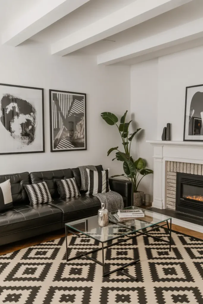 Contemporary high-contrast living room with a black couch and geometric patterns.