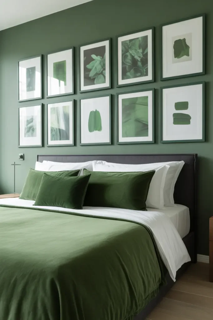 A bedroom gallery wall where all the pictures are different shades of green, held in matching black frames to create a calm and unified look.