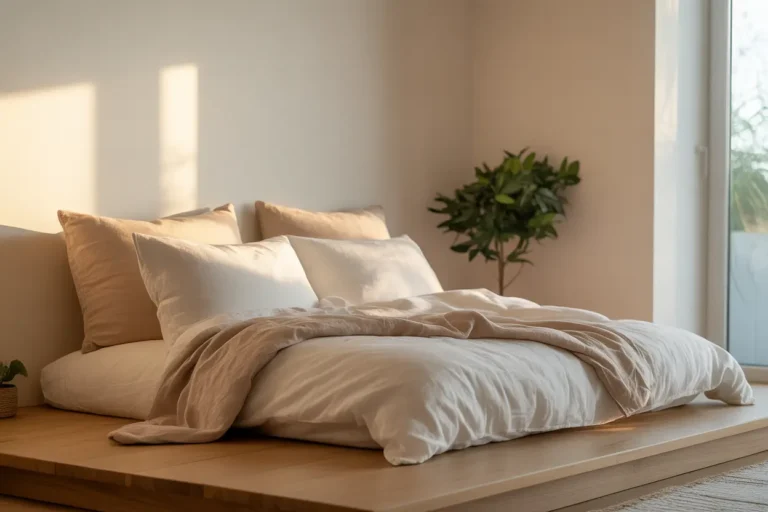 Cozy minimalist futon bedroom with white bedding, low wooden platform, and natural sunlight in a small modern apartment.