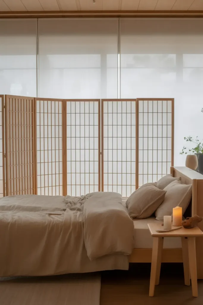  A Japanese bedroom featuring a delicate shōji screen partition, with soft diffused light streaming in from large windows. The room has a harmonious blend of neutral tones—off-white walls, natural wood furniture, and pale beige bedding. The shōji screen, with its translucent paper panels framed in wood, divides the space without blocking light. The low-profile bed is paired with a minimalist side table and simple décor items like candles and plants. The scene has a cozy, peaceful vibe, with a wide shot showcasing the open flow of the room, maintaining an airy feel.