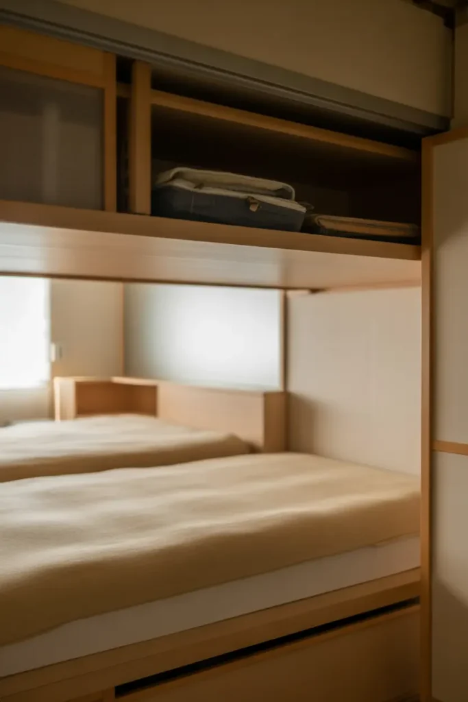 A Japanese bedroom featuring cleverly hidden storage spaces, including under-bed storage drawers and hidden shelves built into the walls. The room is minimal and uncluttered, with neutral-toned walls, light wooden furniture, and simple bedding. Soft natural light flows through the window, highlighting the clean, organized layout. The hidden storage solutions keep the space looking tidy and serene, while allowing for maximum storage without compromising the minimalist aesthetic. The image is captured from an eye-level perspective, showing the seamless integration of storage with the room’s design.