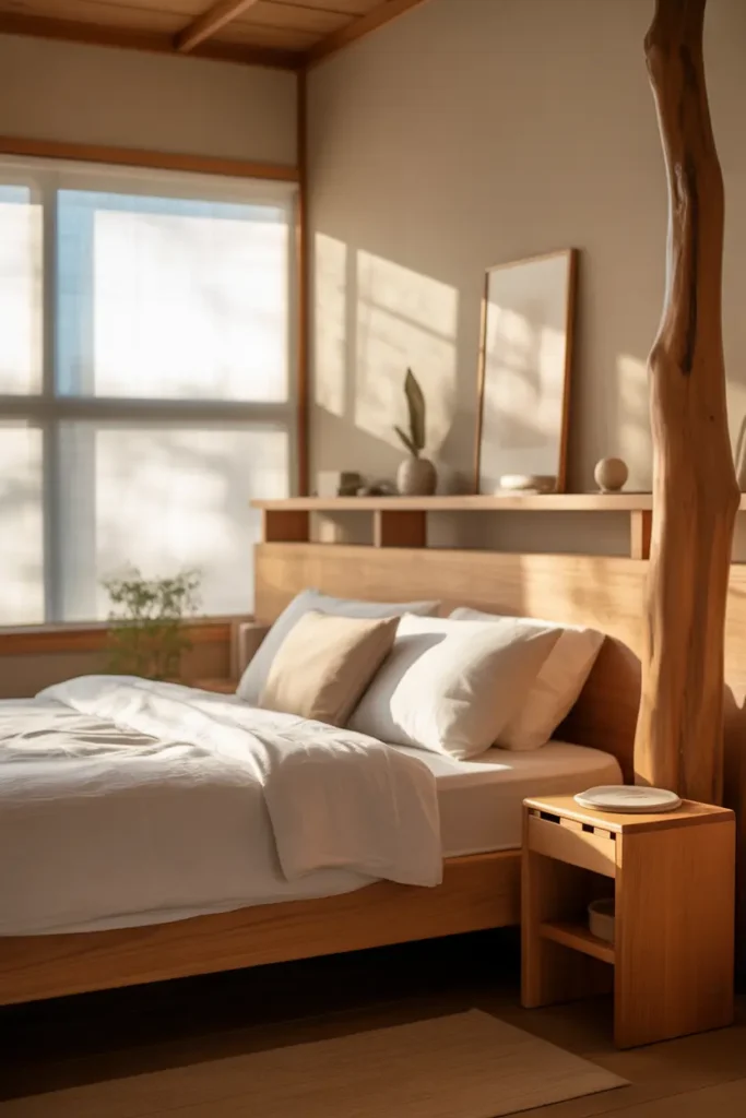 A Japanese bedroom featuring natural wood elements such as a wooden bed frame, bedside table, and floating shelves. The room has a soothing atmosphere, with warm wood tones complemented by soft white linens and simple décor items like a small plant and a few minimalist art pieces. Soft, natural light pours through a large window, casting gentle shadows across the room. The room is styled with earthy, neutral colors like beige and light brown, making the wood elements the focal point of the design. The wide shot captures the room’s peaceful and balanced layout.