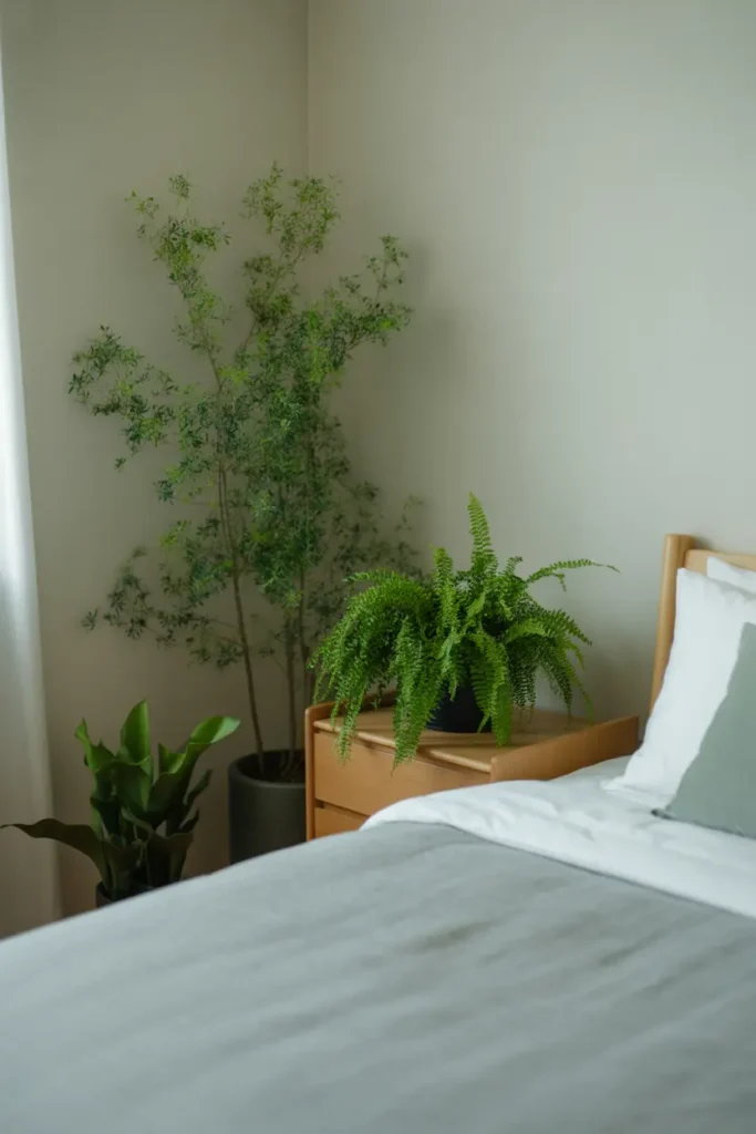 A Japanese bedroom with simple greenery, featuring small potted plants placed thoughtfully around the room. A fern sits on a wooden nightstand, while a tall plant adds height in the corner of the room. The neutral color scheme of the room—white walls, light wood floors, and soft gray bedding—perfectly complements the vibrant green hues of the plants. The soft, diffused light coming through the window brings out the lush texture of the plants, while the minimalist design allows the greenery to stand out as the focal point. The image is a wide shot, capturing the balance of simplicity and nature.
