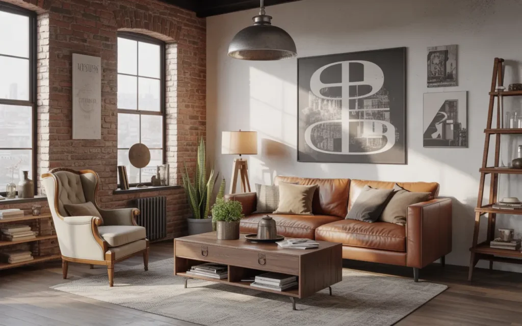 “Living room with industrial-chic elements and vintage accents, including exposed brick, metal fixtures, and rustic wooden furniture for a stylish, eclectic feel.