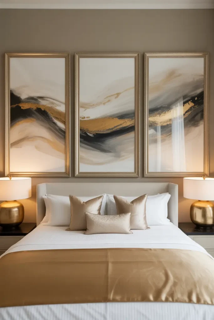 A high-end bedroom gallery featuring three oversized matching gold frames with abstract art hung in a symmetrical row above a king-sized bed.