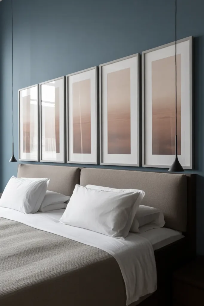 A professional-looking bedroom gallery wall with a single row of matching black frames spanning the full width of the headboard for a balanced, symmetrical design