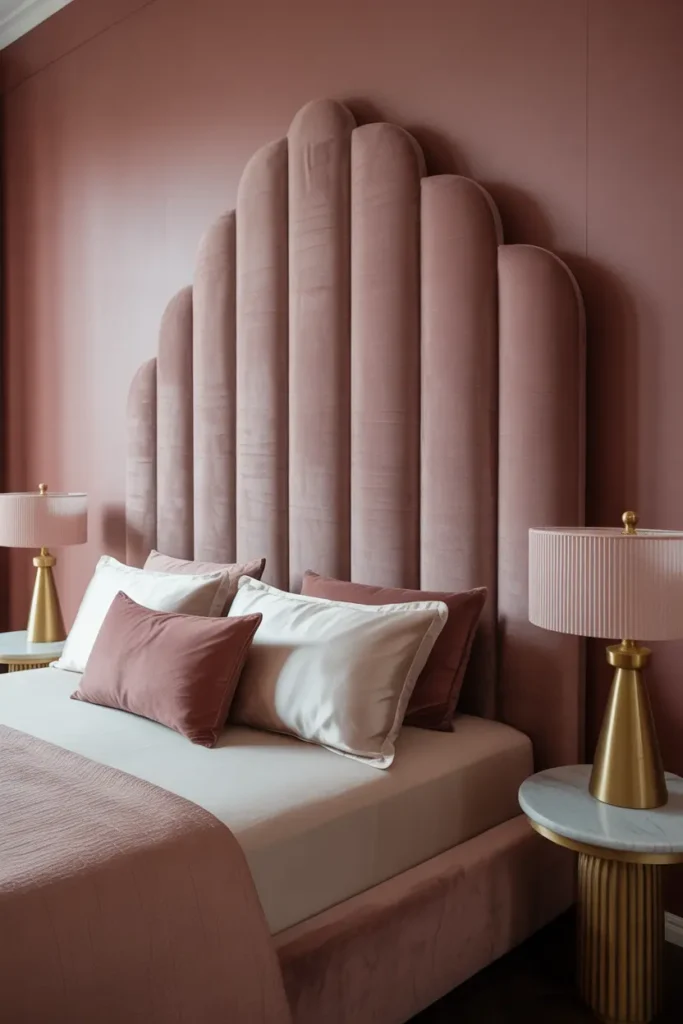 A luxurious Art Deco-inspired bedroom with a soft dusty rose velvet arched headboard. The wall behind is painted a matching shade for a monochrome look. Brass accents on the side lamps and marble-topped tables provide a high-end finish. Soft diffused light hits the velvet texture, showing deep shadows and highlights. Glamorous, soft, and sophisticated mood.