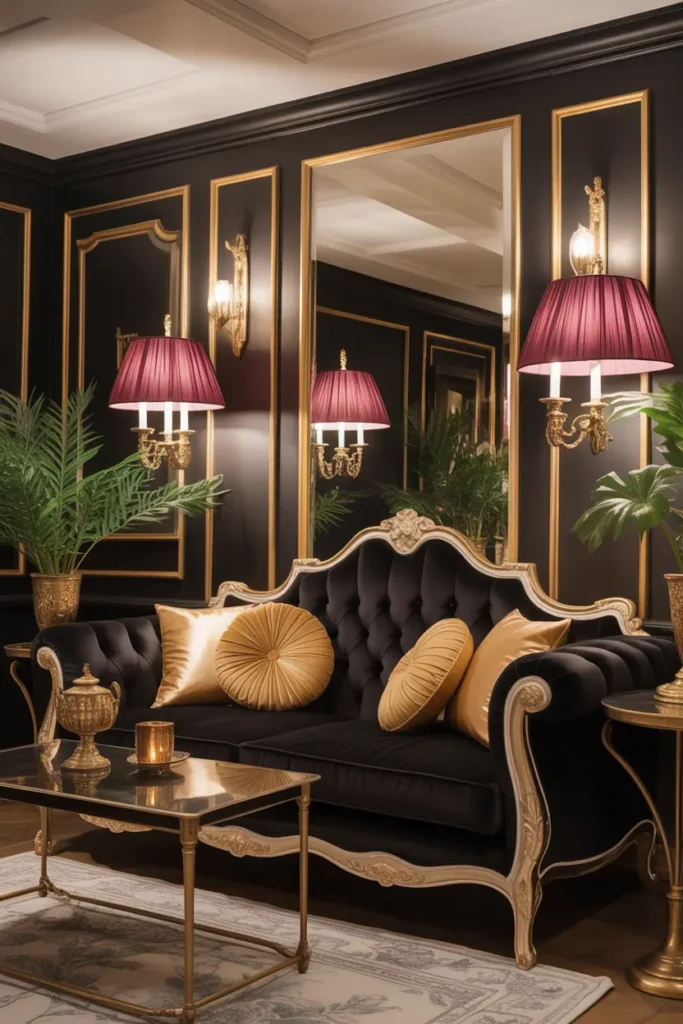 Velvet black couch with gold accents and luxurious decor in a chic living room.
