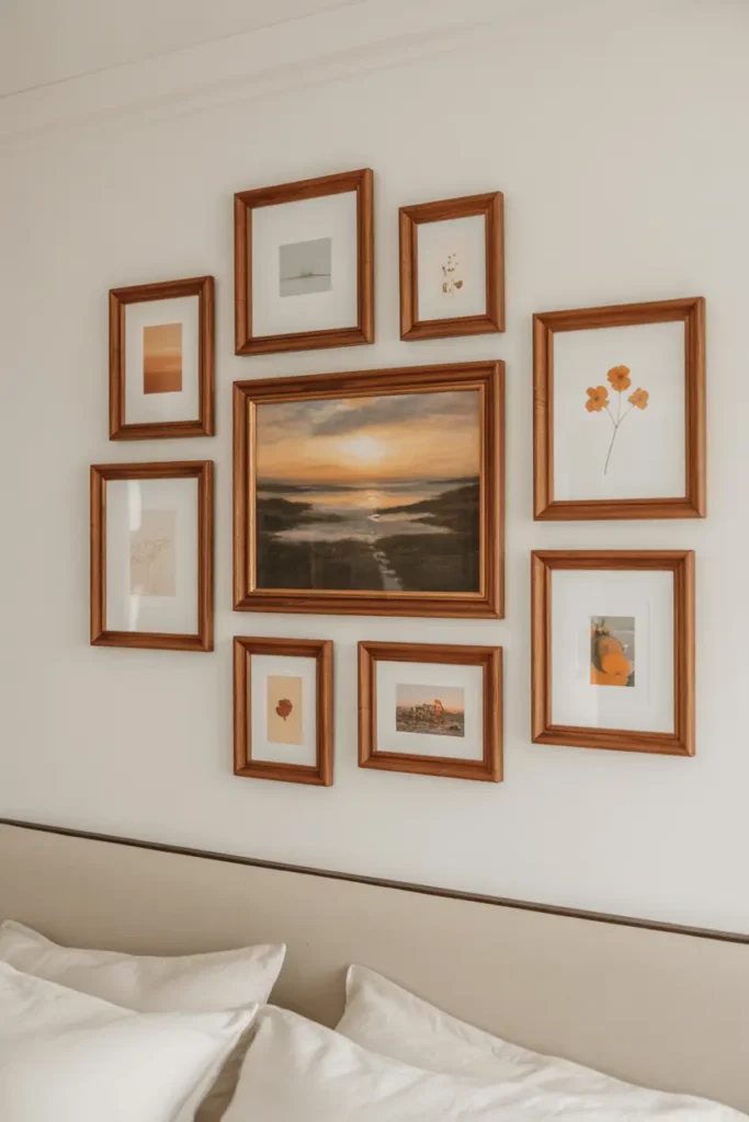 One large framed landscape painting in the center of a bedroom wall, surrounded by several smaller matching wooden frames for a balanced gallery look.