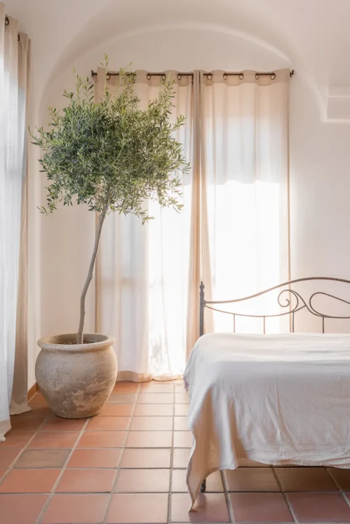 A Mediterranean-style bedroom with white-washed walls and terracotta floor tiles. A tall, slender olive tree in a large weathered stone pot sits in a sun-drenched corner. Large linen curtains filter the bright afternoon sun. Simple wrought iron bed frame with white cotton sheets. Airy, fresh, and organic atmosphere with a wide-angle layout showing the natural greenery.