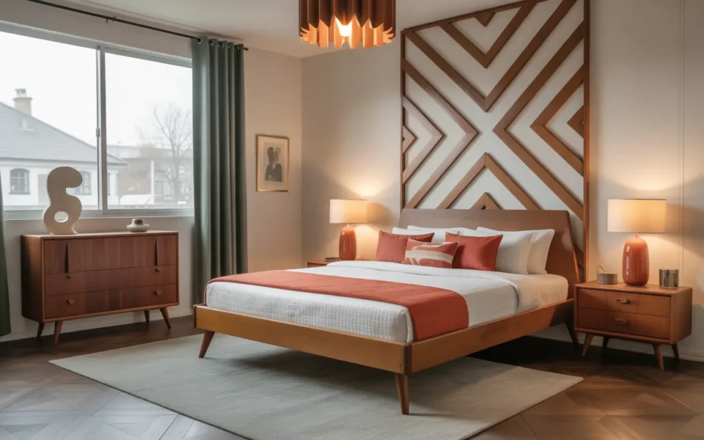 Mid-century modern vintage bedroom with retro wooden furniture, bold geometric patterns, and mid-century lighting, blending classic and modern design elements