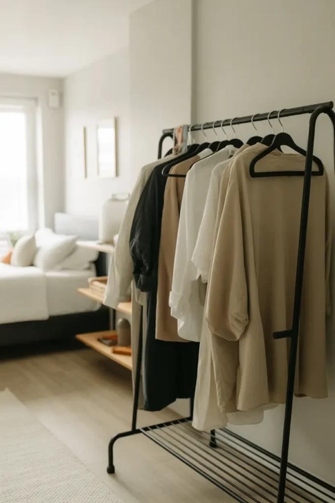  A minimalist dorm setup with an open clothing rack, black metal frame, neatly hung neutral outfits, soft natural daylight, light wood flooring, clean white walls, textured rug, simple decor, airy modern vibe, wide-angle shot, foreground clothing detail, background bed and shelf creating depth and organised layout.