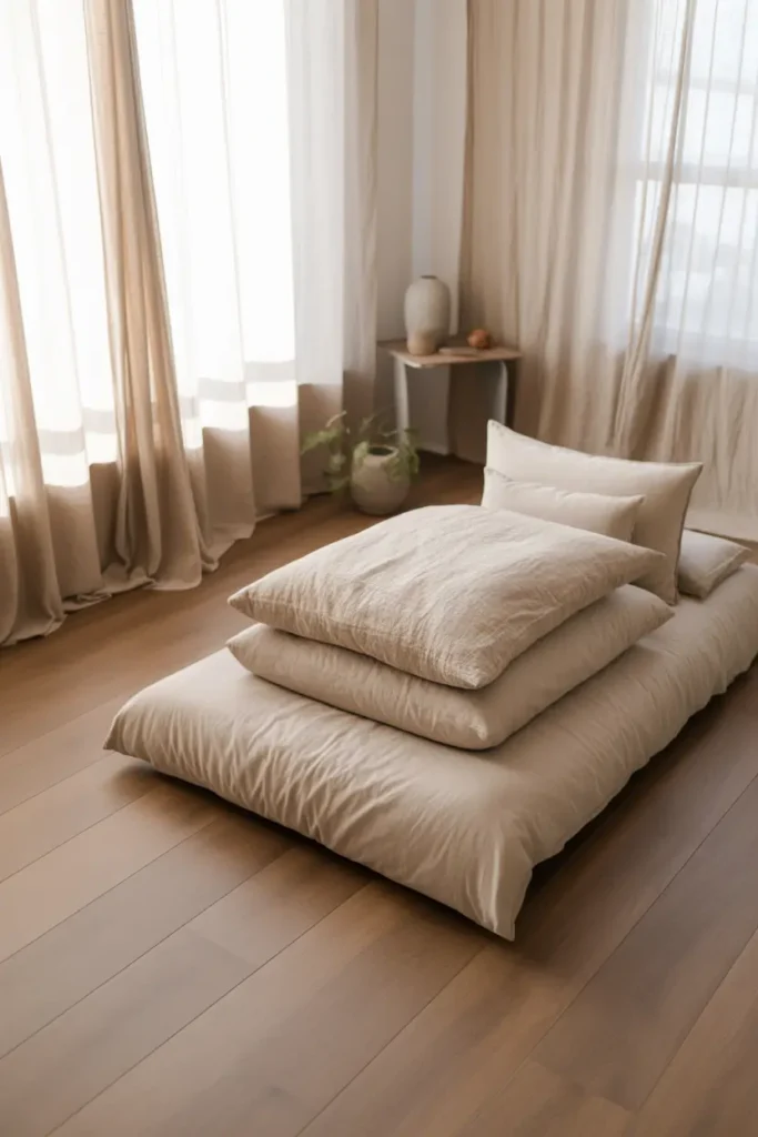 A minimalist Japandi-style bedroom featuring a low futon placed on a light oak wood floor, soft neutral palette of beige, cream, and warm white tones, natural morning light streaming through sheer linen curtains, subtle shadows, textured cotton bedding, a small wooden side table with a ceramic vase, indoor plant, cozy and airy mood, wide-angle interior shot with balanced negative space and clean layout.
