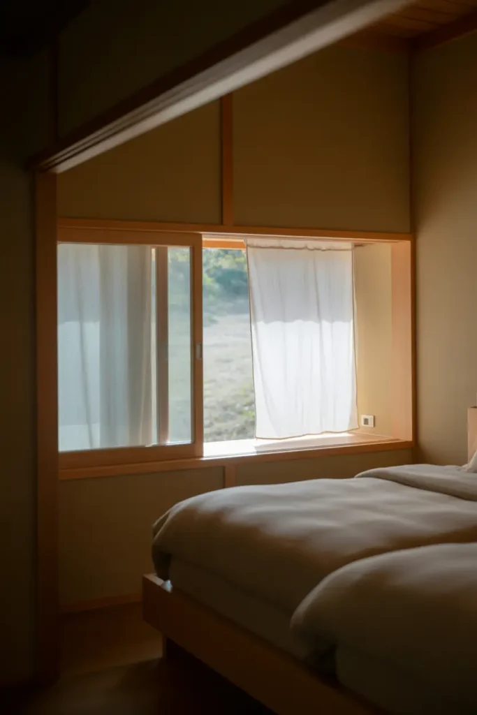 A minimalist Japanese bedroom featuring simple sliding windows that open up to a tranquil outdoor view. The windows are framed in light wood, with sheer white curtains gently fluttering in the breeze. Soft, natural light flows into the room, highlighting the neutral-toned walls and simple wooden furniture. The bed, with its clean linens and neutral accents, sits against a wall near the sliding window, creating a seamless flow between the indoor and outdoor spaces. The image is captured from an eye-level perspective, focusing on the natural light and simplicity of 