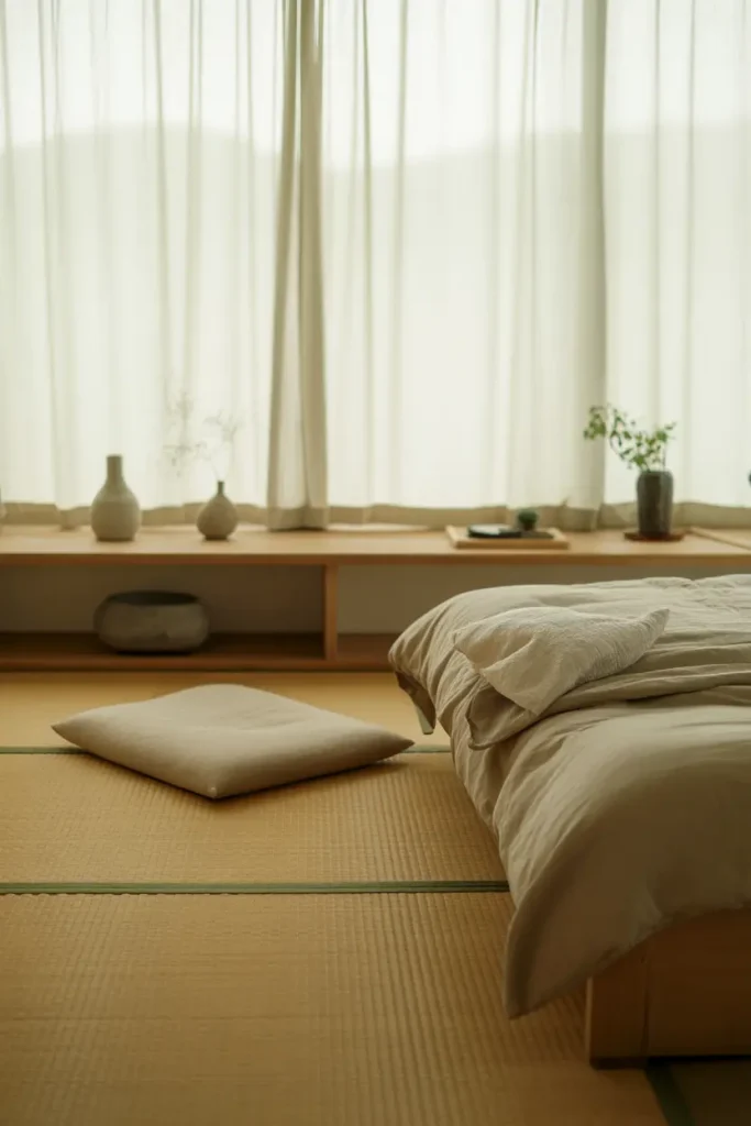A minimalist Japanese bedroom with a tatami floor setup, soft natural light spilling through sheer white curtains, creating a serene atmosphere. The neutral color palette consists of beige, light wood, and soft greens, complemented by a low wooden platform bed with linen bedding and a couple of simple floor cushions. Wooden shelves display minimal decor, with delicate ceramic vases and small potted plants. The textured tatami mats add warmth and authenticity to the room. A wide shot captures the simple yet harmonious design with clean lines and natural elements.