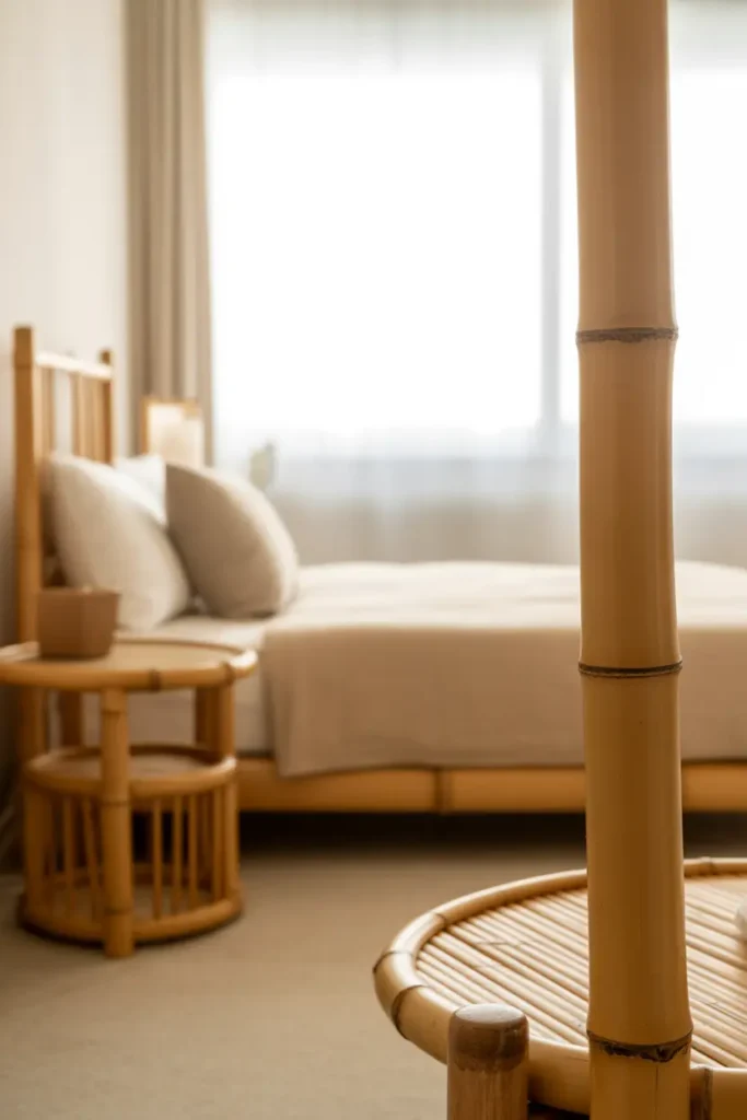 A minimalist Japanese bedroom with bamboo details, including a bamboo side table, bamboo floor lamp, and bamboo accents in the décor. The room features a neutral color palette, with soft whites, beiges, and natural wood tones, complementing the organic bamboo elements. The low wooden bed frame is dressed in simple, neutral bedding, and the space is bathed in soft, natural light from a large window. A close-up shot highlights the smooth texture of the bamboo and the gentle ambiance it adds to the room, enhancing its calming, nature-inspired atmosphere.
