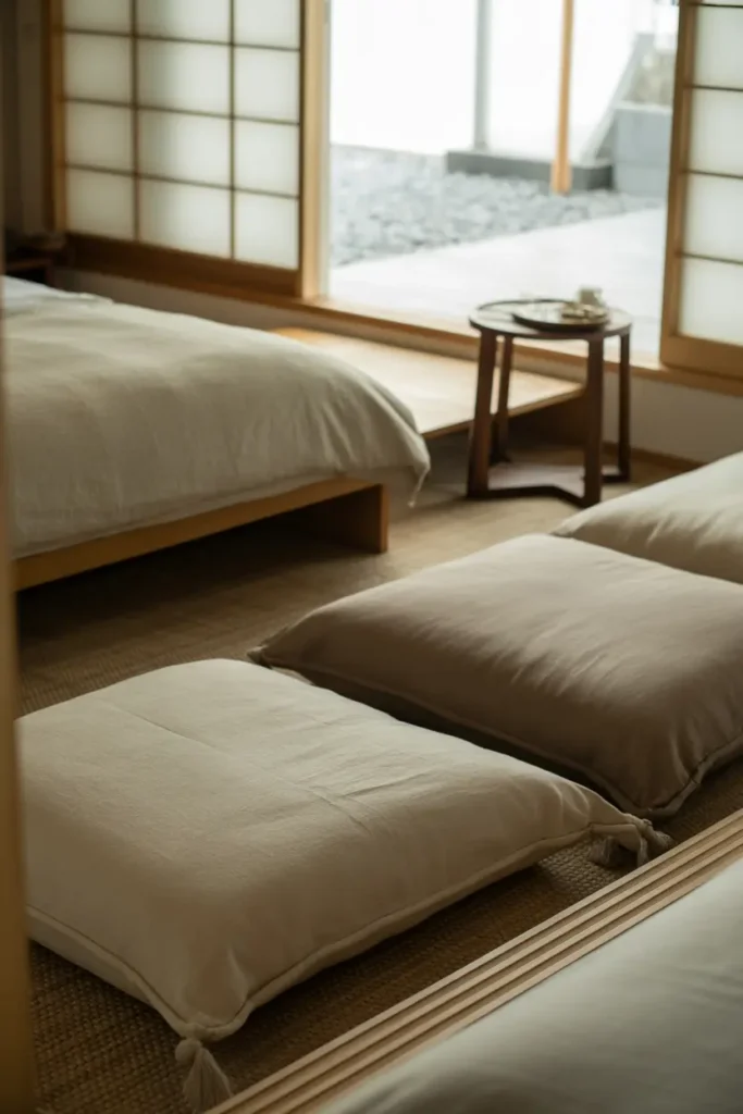 A minimalist Japanese bedroom with soft floor cushions and low seating arranged near a window. The room includes a low wooden bed, light linen bedding, and natural wood accents throughout. The cushions come in muted tones like cream, taupe, and soft gray, placed on a woven rug beside a small wooden tea table. Gentle daylight filters through shōji-style screens, giving the room a warm and peaceful look. The image is a wide-angle shot that highlights the low, grounded layout and uncluttered design.