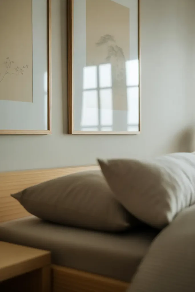 A minimalist Japanese bedroom with subtle, Japanese-style wall art above the bed. The art features delicate ink brushwork or traditional woodblock prints in simple black-and-white tones, framed in thin, natural wood frames. The room has a calm, neutral color palette of whites, light grays, and soft browns, with a low wooden bed frame and neutral bedding. Soft light pours in from a window, casting gentle shadows on the wall art and adding to the room’s serene vibe. The image is a close-up of the wall art, showcasing its intricate detail and minimalist framing.