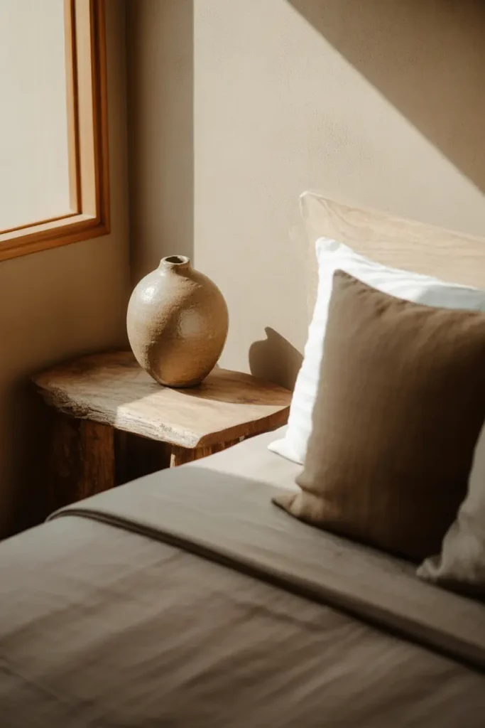 A minimalist Japanese bedroom with wabi-sabi accents, including a handmade ceramic vase with visible imperfections and a rustic wooden side table. The room is bathed in soft, natural light from a window, casting gentle shadows across the imperfect, textured surfaces. The color palette is warm and earthy, with natural wood, stone, and neutral-toned linens. The bed is simple and low, with a couple of throw pillows in muted colors. The image is a close-up, highlighting the beauty of imperfection and the organic textures that give the room its peaceful, grounded feeling.