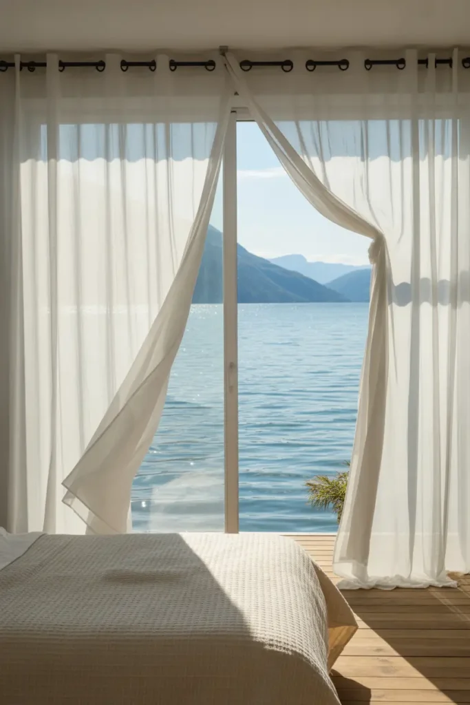Airy lake house bedroom with sheer curtains and a beautiful view of the water.