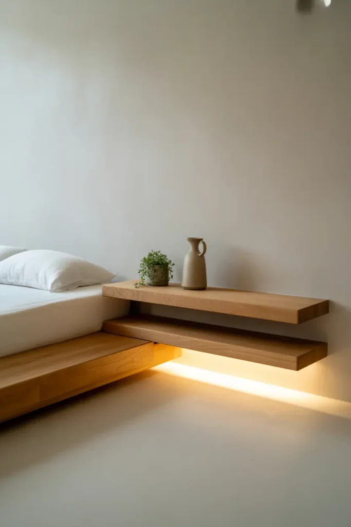 A minimalist Organic Modern bedroom with a low-profile platform bed. Instead of bulky tables, two thick natural oak floating shelves are mounted on a soft white plaster wall. A single ceramic carafe and a small green plant sit on the ledge. Warm, indirect LED strip lighting glows from underneath the wood. Clean, spacious, and contemporary eye-level shot.