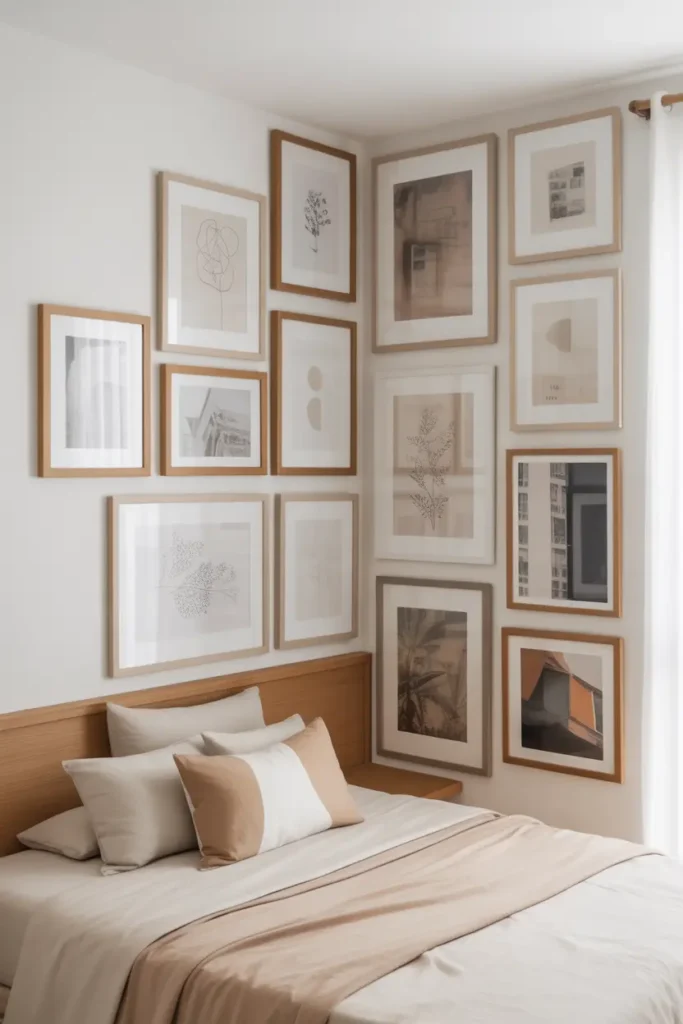 A unique bedroom gallery wall where framed pictures wrap around a corner from one wall to the next, creating a modern and continuous art display above and beside a bed