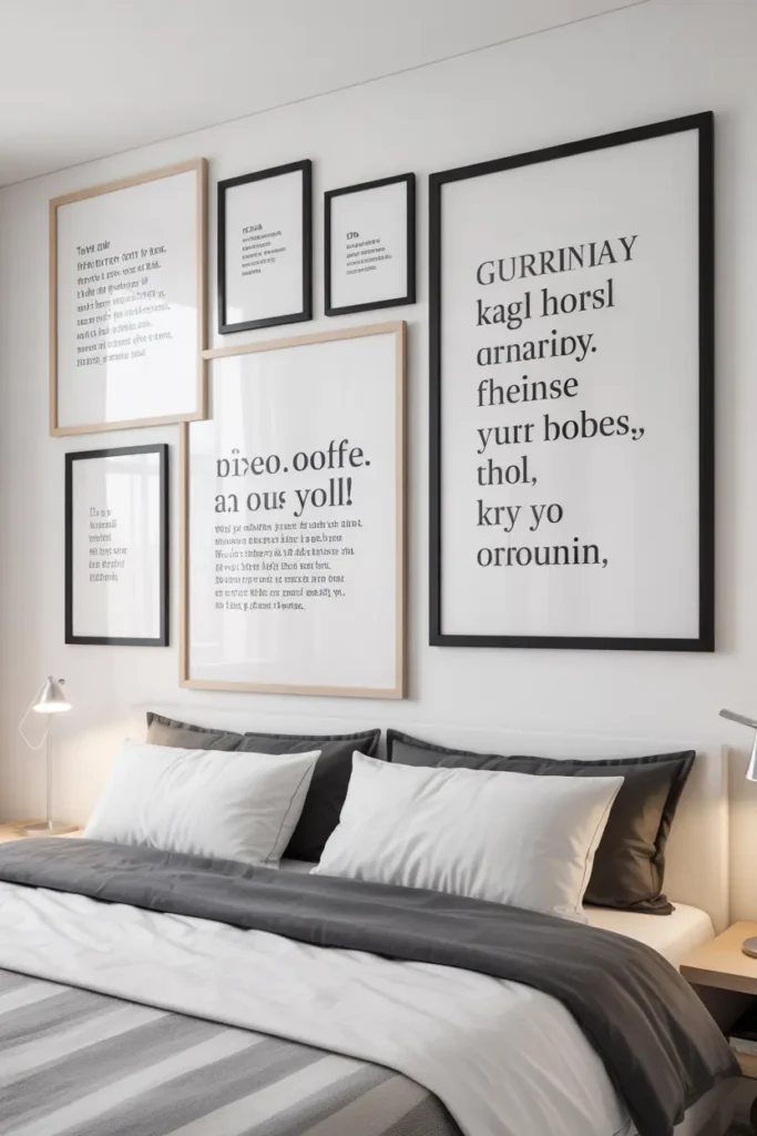 A minimalist gallery wall in a bedroom featuring various frames with artistic quotes, poems, and bold typography in a clean black-and-white style.