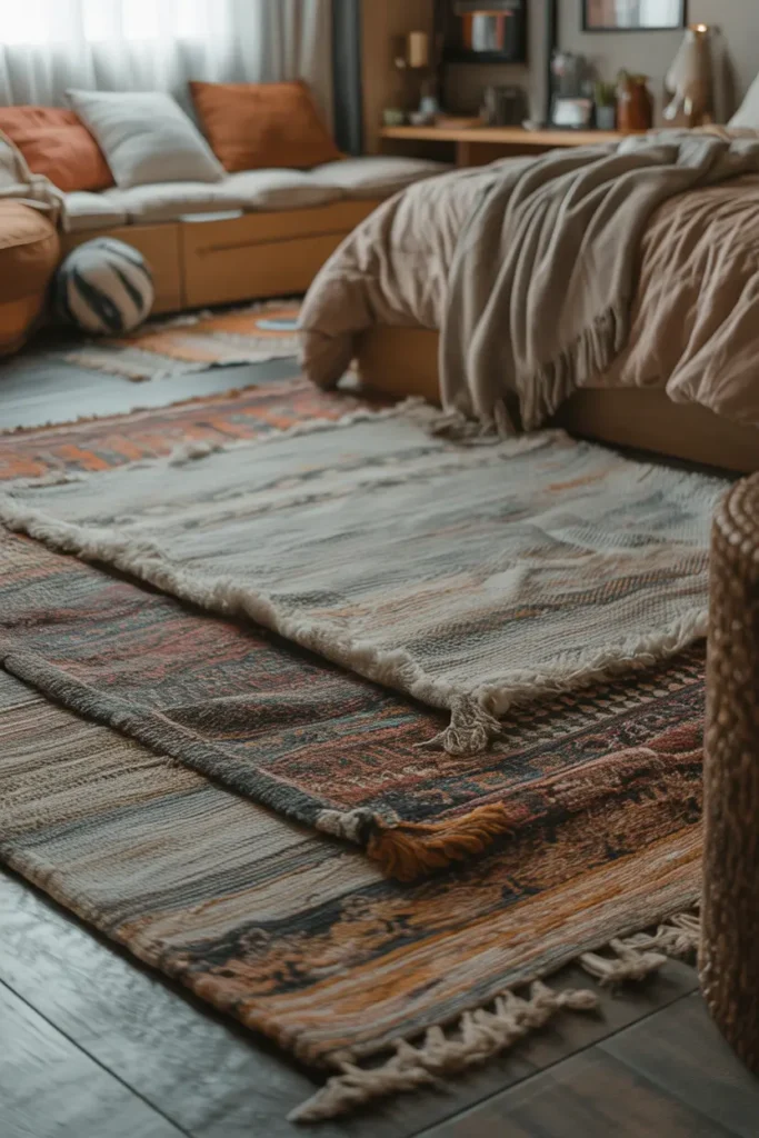 A modern cozy dorm room with layered rugs, one large neutral base rug and a smaller patterned rug on top, warm earthy tones, soft diffused natural light, textured fabrics, low bed frame, casual seating, stylish decor accents, wide-angle shot, visible floor layering with depth, relaxed and inviting atmosphere.