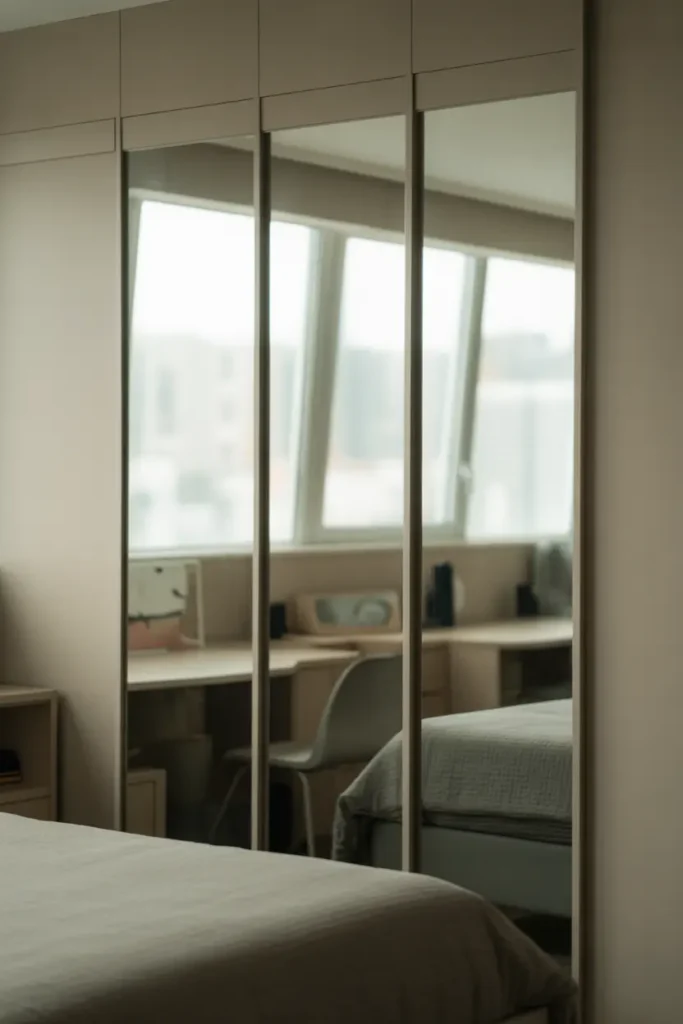 A modern dorm room featuring large vertical mirror panels on the wall, reflecting natural daylight, neutral colour palette, minimal furniture, soft textures, clean layout, airy spacious feel, eye-level shot, foreground bed reflection, background window light enhancing depth and brightness, sleek contemporary style.