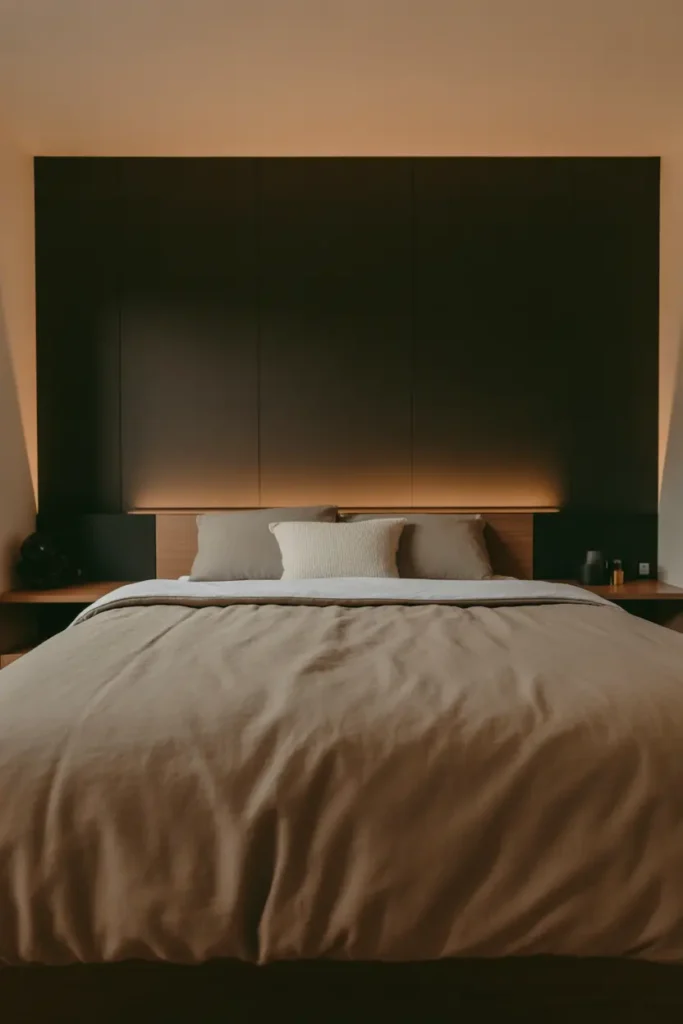 A modern dorm room with a dark charcoal accent wall behind the bed, matte finish, warm ambient lighting, neutral bedding, wood furniture, minimal decor, soft shadows, cozy masculine mood, eye-level wide shot, foreground bed detail with layered textures, background wall creating depth and strong visual contrast.