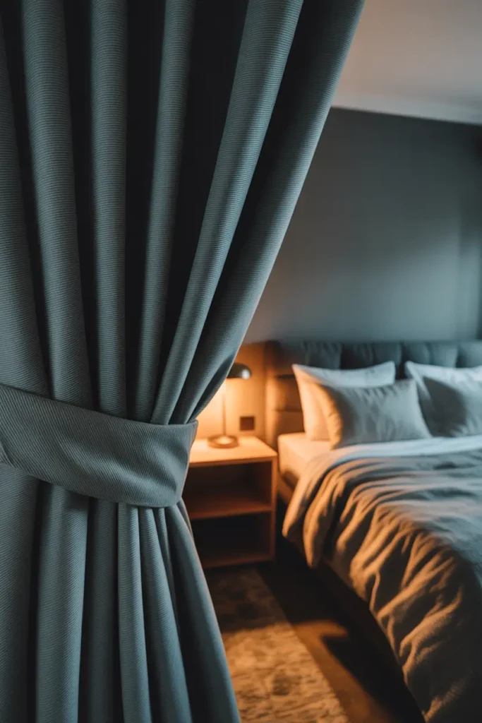 A modern dorm room with thick blackout curtains in deep charcoal fabric, soft folds, blocking bright daylight, warm ambient bedside lighting, neutral grey and beige palette, minimal furniture, cozy layered bedding, calm restful mood, eye-level shot, foreground curtain texture, background bed softly lit creating depth and contrast.
