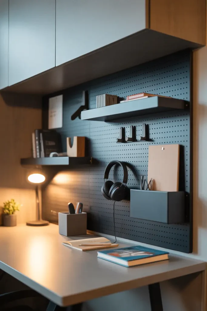  A modern functional dorm wall with a black pegboard organiser above a desk, matte finish, small shelves, hooks, headphones, books, stationery, warm task lighting, neutral grey and wood tones, clean layered styling, eye-level shot, foreground desk accessories, background wall storage creating depth and organised visual texture.