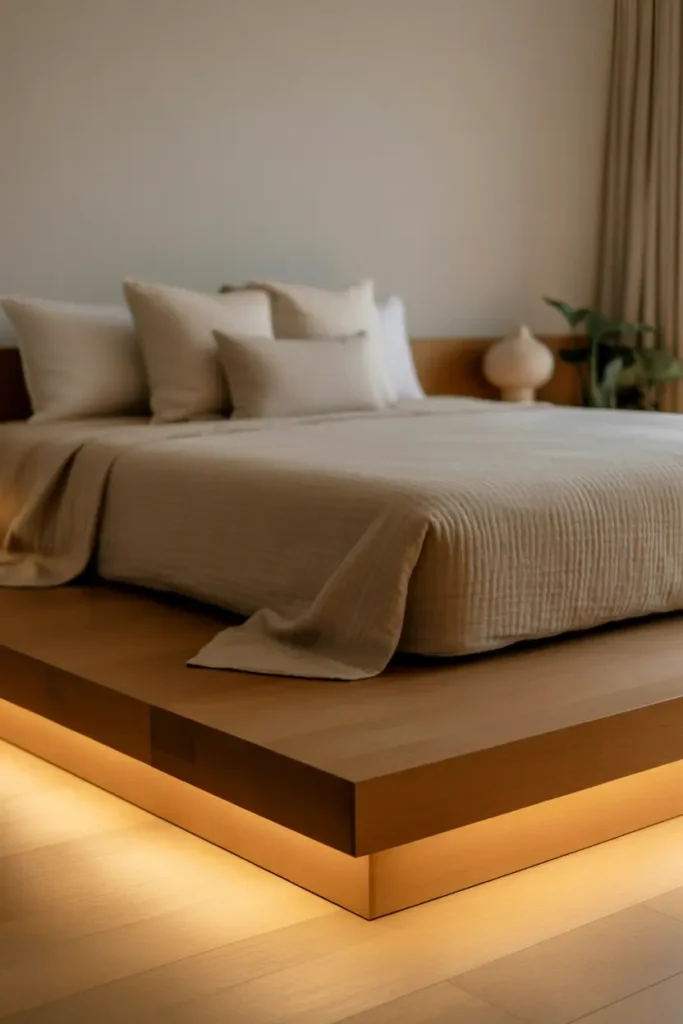 A modern Japandi-inspired bedroom with a futon placed on a low wooden platform bed, warm oak tones, soft beige and cream palette, gentle indirect lighting under the platform, textured linen bedding, minimal decor with a ceramic lamp and plant, calm and refined atmosphere, wide-angle shot showing layered depth and structured layout.