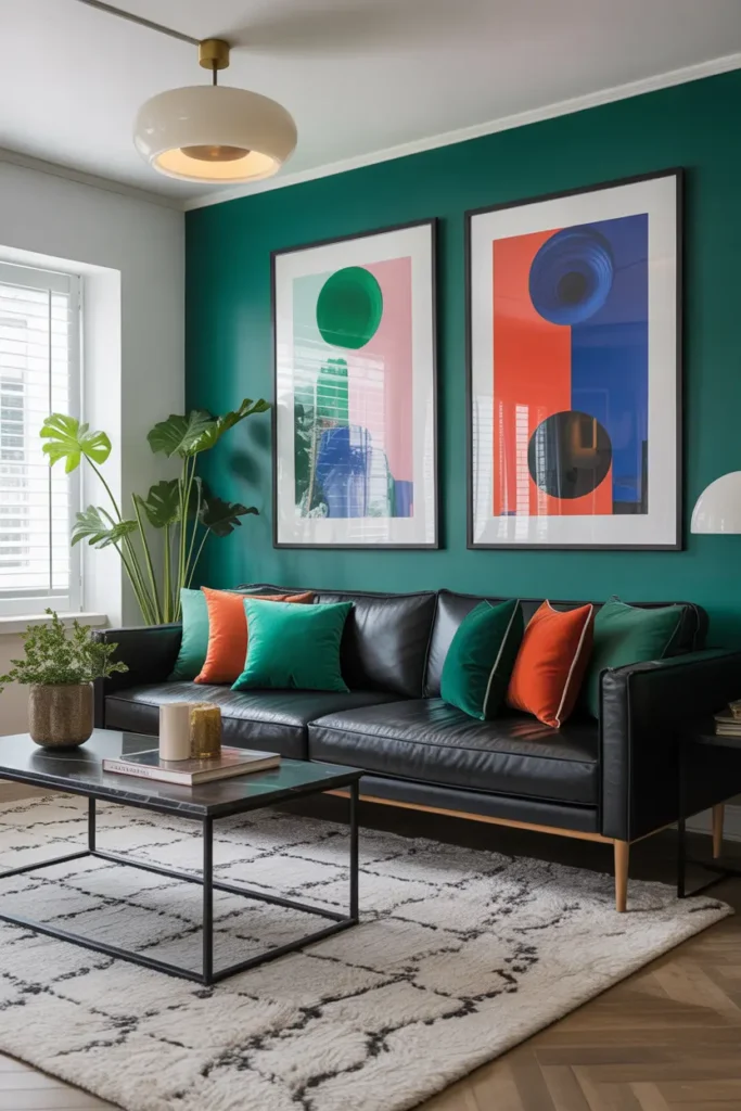 "Living room with a black couch and bold accent colors creating a dynamic atmosphere.