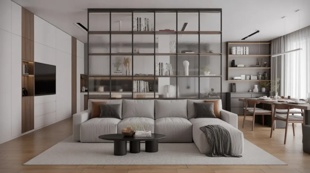 Modern  living room with minimalist divider separating living and dining areas.