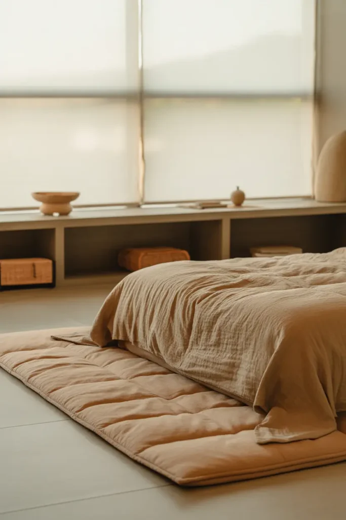 A modern minimalist bedroom with a futon placed directly on a soft tatami-style mat, warm earthy tones like beige, sand, and light brown, soft diffused daylight through a large window, textured linen bedding, low wooden shelf, simple ceramic decor, calm and grounded atmosphere, eye-level wide shot highlighting floor space and clean horizontal lines.