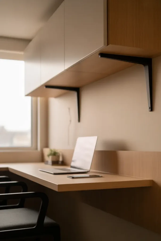 A modern minimalist dorm room with a wall-mounted floating desk, light oak wood finish, slim black metal brackets, soft natural daylight from side window, neutral beige and white palette, clean desk styling with laptop and small plant, airy open space beneath, eye-level shot, uncluttered layout with subtle shadows and depth.