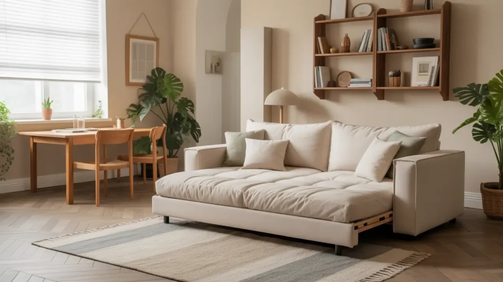 Multi-functional furniture in a modern living and dining rooms, perfect for small spaces.