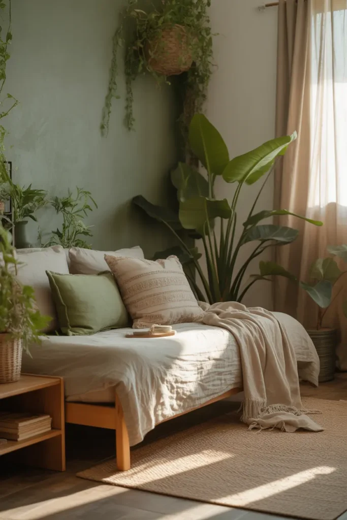 A nature-inspired bedroom with a futon surrounded by indoor plants, earthy tones like green, brown, and soft beige, natural sunlight filtering through curtains, wooden furniture, linen bedding, woven textures, calm and refreshing atmosphere, wide-angle shot with layered greenery and organic elements creating depth.