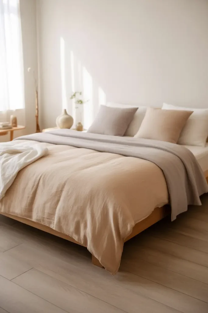 A peaceful Japanese bedroom styled with a neutral color palette of soft beige, warm white, light taupe, and pale gray. The room features a low wooden bed with simple linen bedding, light wood flooring, and minimal decor. Natural light enters through sheer curtains, casting a soft glow across the clean surfaces. A small ceramic vase and a single indoor plant add a quiet decorative touch. The wide shot captures the balanced, airy look of the room, where muted tones create a calm and restful setting.