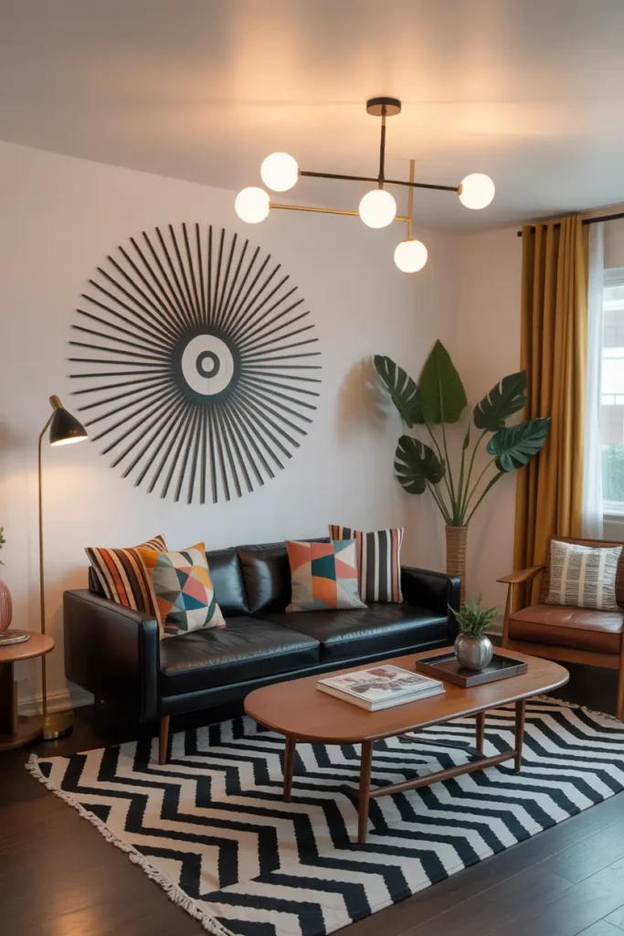 Retro living room featuring a black couch with mid-century modern style