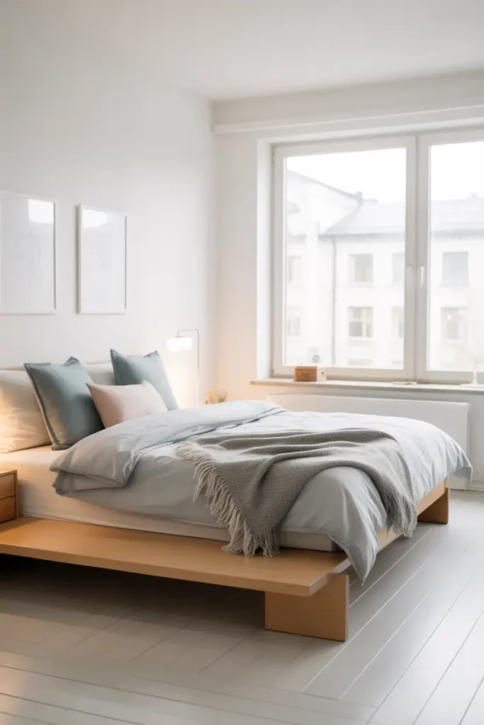 A Scandinavian-style bedroom with a sleek futon on a light wood platform, bright white walls, soft grey and pastel accents, large window with natural daylight flooding the room, minimal decor, clean lines, wool throw blanket, simple framed art, airy and fresh atmosphere, wide-angle shot emphasizing openness and brightness.