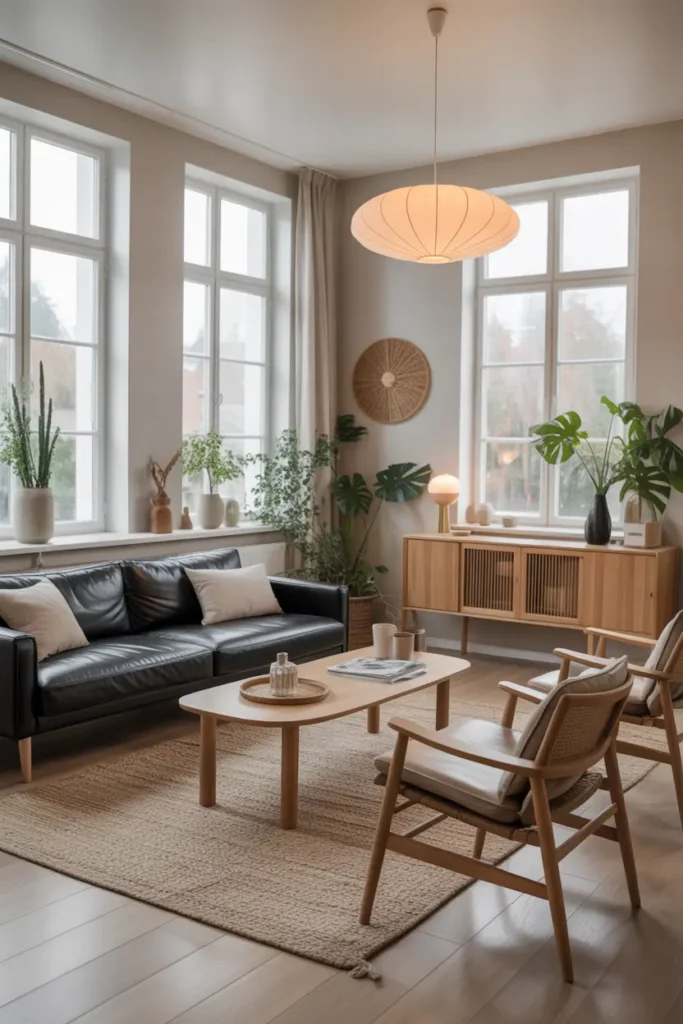 Scandinavian living room with a black couch and light wood furniture.