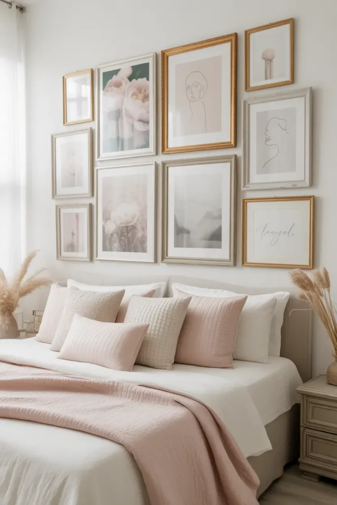 A cozy bedroom wall with a collection of soft-toned art in thin gold and white frames, including blurry flowers and sweet quotes, creating a calm and dreamy feel.
