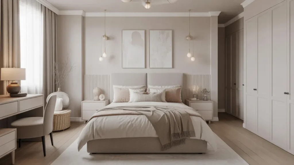 Elegant bedroom with a neutral color palette of ivory, taupe, and gray, accented by minimalistic furniture and decor.