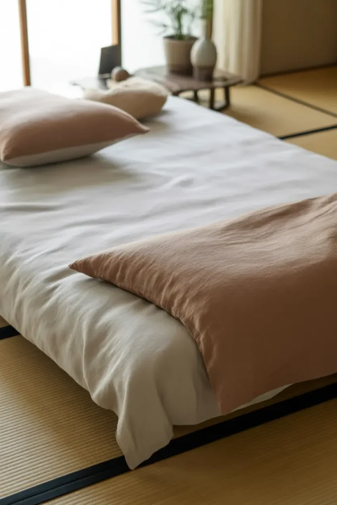 A serene Japanese bedroom featuring a traditional futon mattress laid directly on the tatami floor. The futon is dressed in simple, white linens, with soft, earthy-toned pillows scattered nearby. A small side table holds a potted plant and a ceramic vase, adding to the simplicity of the room. Natural light streams through a nearby window, softly illuminating the futon and highlighting its minimalist design. The room's neutral color palette—beiges, whites, and soft browns—creates a calm, restful ambiance. The image is a wide shot showcasing the minimalist setup and open space.